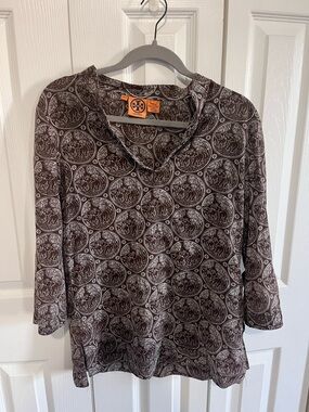 Tory Burch Brown Elephant Printed V-Neck Tunic Top Size 6